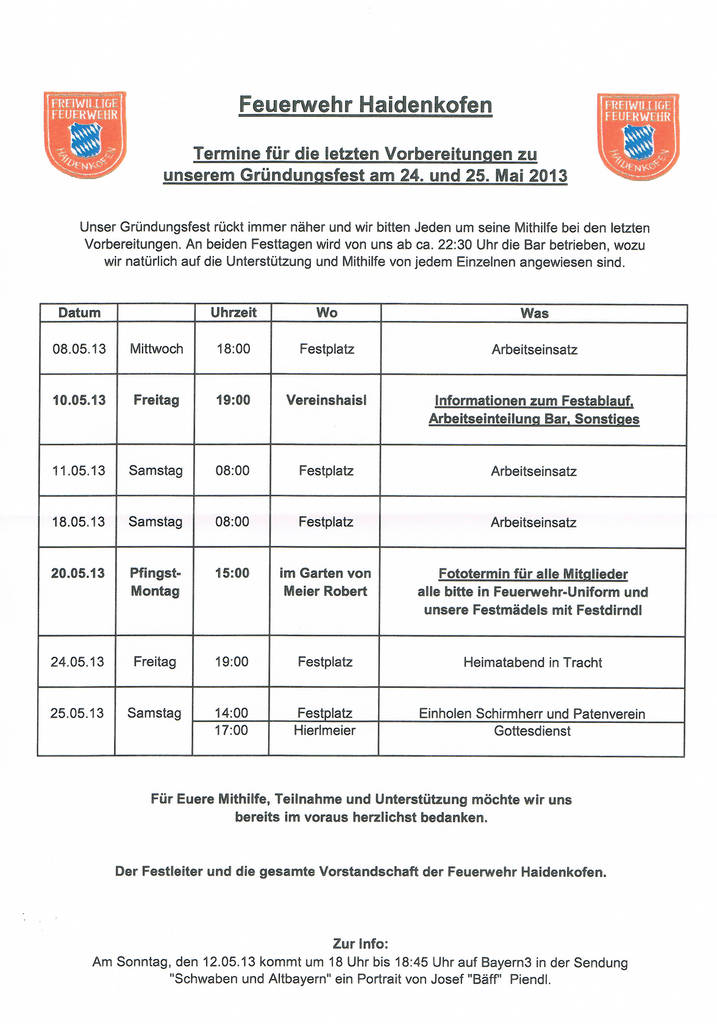 Terminplan Gr&uuml;ndungsfest